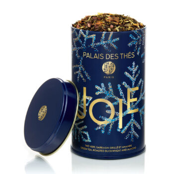 Boîte métal bleue nuit Palais des Thés Joie bio 110g avec flocons dorés, thé vert sarrasin amande visible