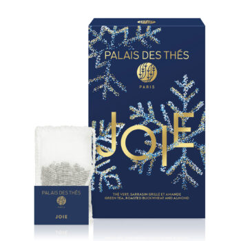 Boîte de thé Joie Bio Palais des Thés bleu nuit avec flocons dorés, 20 mousselines, thé vert sarrasin amande