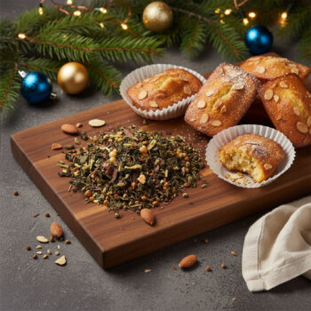 Petits gâteaux financiers aux amandes, un tas de thé vert avec des amandes et des fruits secs, décorations de Noël en arrière-plan