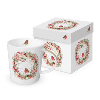 Mug en porcelaine blanche PPD 40cl avec couronne de Noël et rouge-gorge, présenté avec sa boîte cadeau assortie