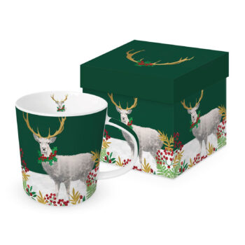 Tasse en porcelaine Christmas Deer 40cl avec motif cerf hivernal, livrée dans sa boîte cadeau assortie festive