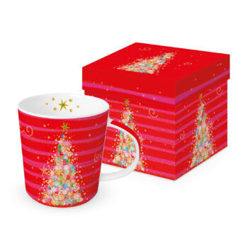 Mug PPD Christmas Red & Pink 40cl avec sa boîte cadeau assortie, décoré d'un sapin de Noël et de motifs festifs rouge et rose
