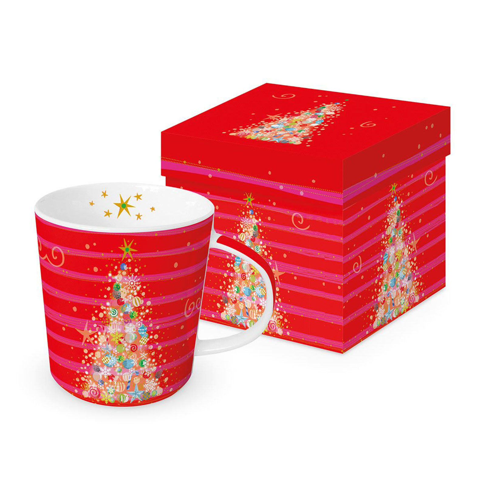 Mug PPD Christmas Red & Pink 40cl avec sa boîte cadeau assortie, décoré d'un sapin de Noël et de motifs festifs rouge et rose