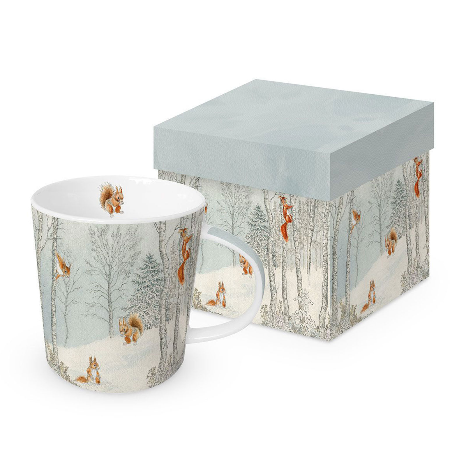Mug en porcelaine PPD 40cl motif écureuil hivernal sur fond enneigé, avec boîte cadeau assortie