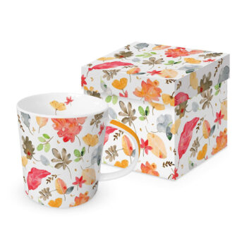 Mug en porcelaine blanche PPD avec motif de feuilles et fleurs automnales, 40cl, présenté dans sa boîte cadeau assortie
