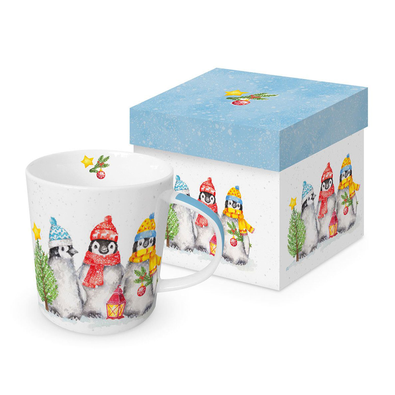 Mug en porcelaine PPD 40cl avec illustration de pingouins festifs et sa boîte cadeau assortie bleu ciel