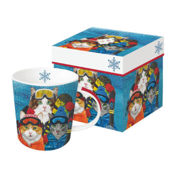 Tasse PPD Ski Cats 40cl en céramique avec illustration de chats en tenue de ski, fond bleu et flocons, livrée en boîte cadeau