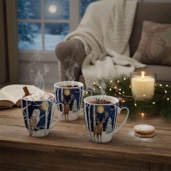 Trois tasses en porcelaine avec un motif hivernal de rennes et de hibou, remplies de boissons fumantes, disposées sur une table en bois avec une bougie et des biscuits.