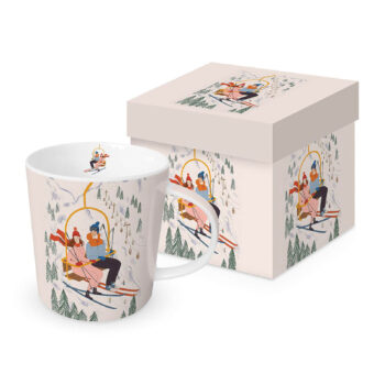 Tasse PPD Zermatt 40cl avec boîte assortie, motif hivernal de skieurs et sapins enneigés