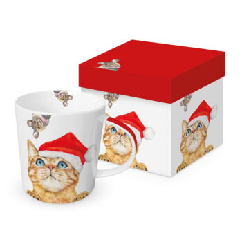 Mug PPD Who are you ? 40cl en céramique blanche avec motif chats roux aux yeux bleus et bonnets de Noël, accompagné de sa boîte cadeau assortie
