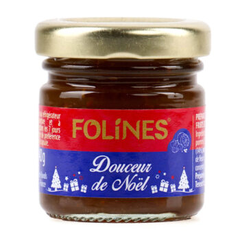 Pot de confiture Folines Douceur de Noël 40g, couvercle doré, étiquette rouge et bleue avec sapins et cadeaux