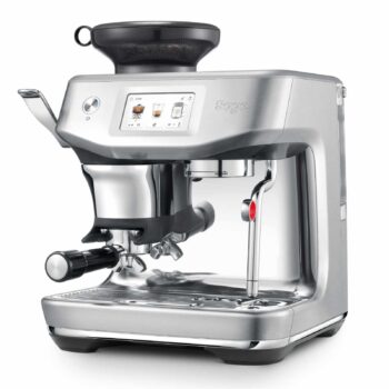 Machine à expresso Sage The Barista Touch Impress noire avec moulin intégré et pichet à lait en acier inoxydable, prête à préparer un café