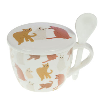 Bol à soupe Amadeus Gustave en céramique blanche avec motif de chats pastel, couvercle et cuillère assortis