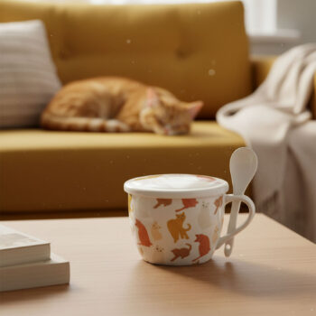 Bol à soupe en céramique blanc orné de motifs de chats orange et beiges, avec une cuillère blanche attachée à la anse, sur une table en bois. Un chat roux dort sur un canapé jaune en arrière-plan.