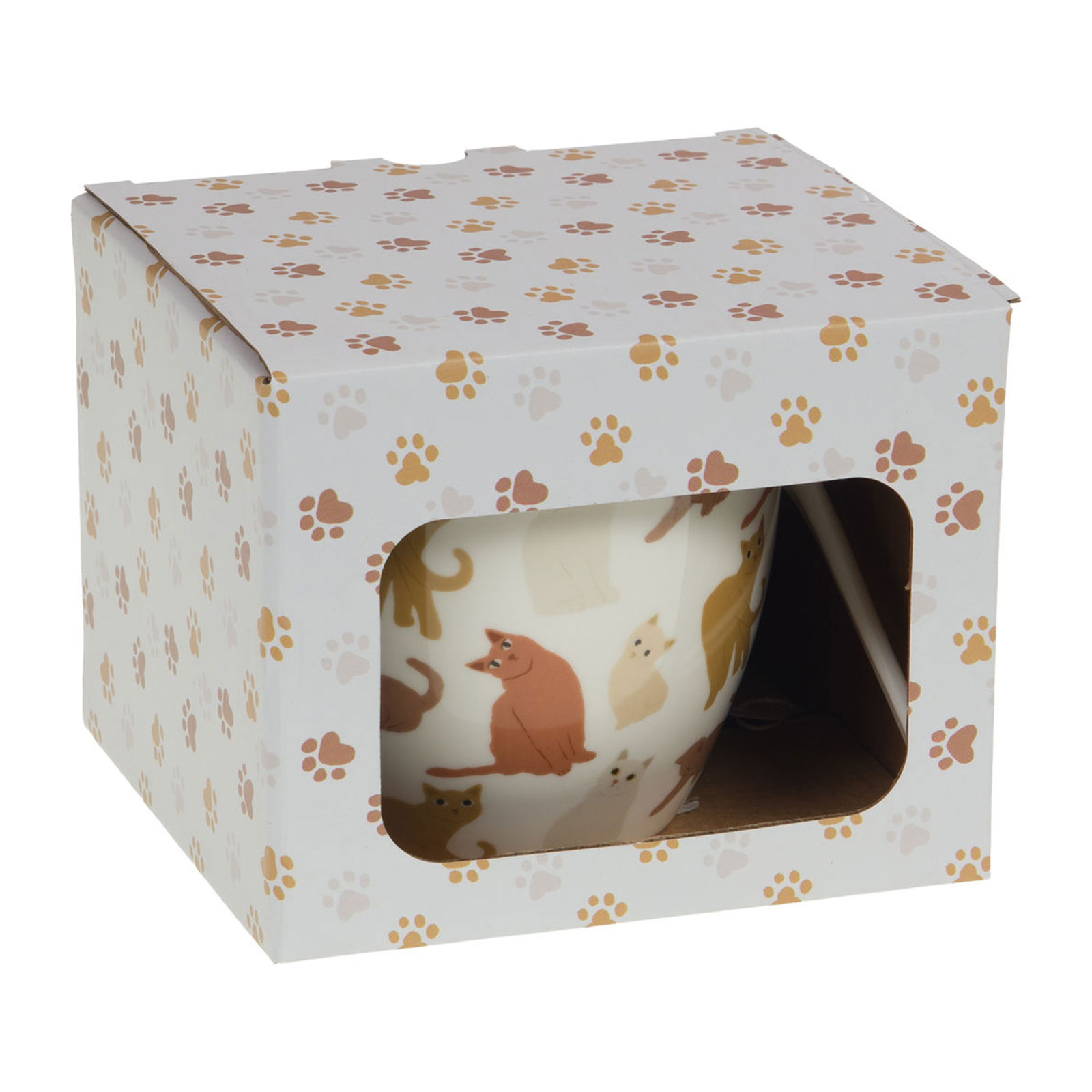 Boîte cadeau pour bol à soupe Amadeus Gustave ornée de motifs de pattes de chat et d'une fenêtre laissant apercevoir un bol avec des chats stylisés