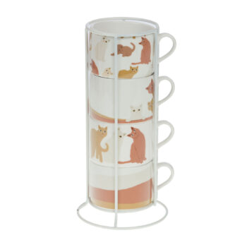 Distributeur Amadeus Gustave avec 4 tasses en céramique blanche empilables, ornées de motifs de chats stylisés pastel