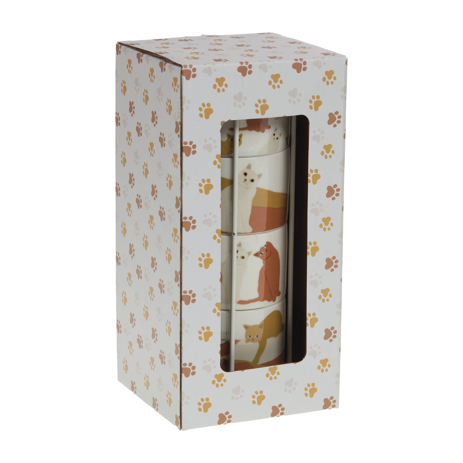 Boîte cadeau décorée de empreintes de pattes, révélant quatre tasses empilées avec des illustrations de chats stylisés