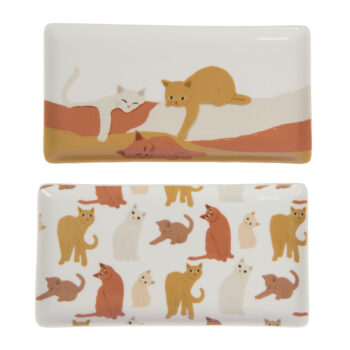 Deux coupelles rectangulaires en céramique Amadeus Gustave avec illustrations de chats dans des tons chauds et terreux