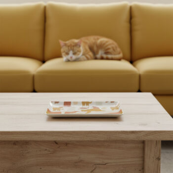 Coupelle rectangulaire Amadeus Gustave avec un motif de chats stylisés, posée sur une table en bois, avec un canapé jaune et un chat roux flou en arrière-plan.