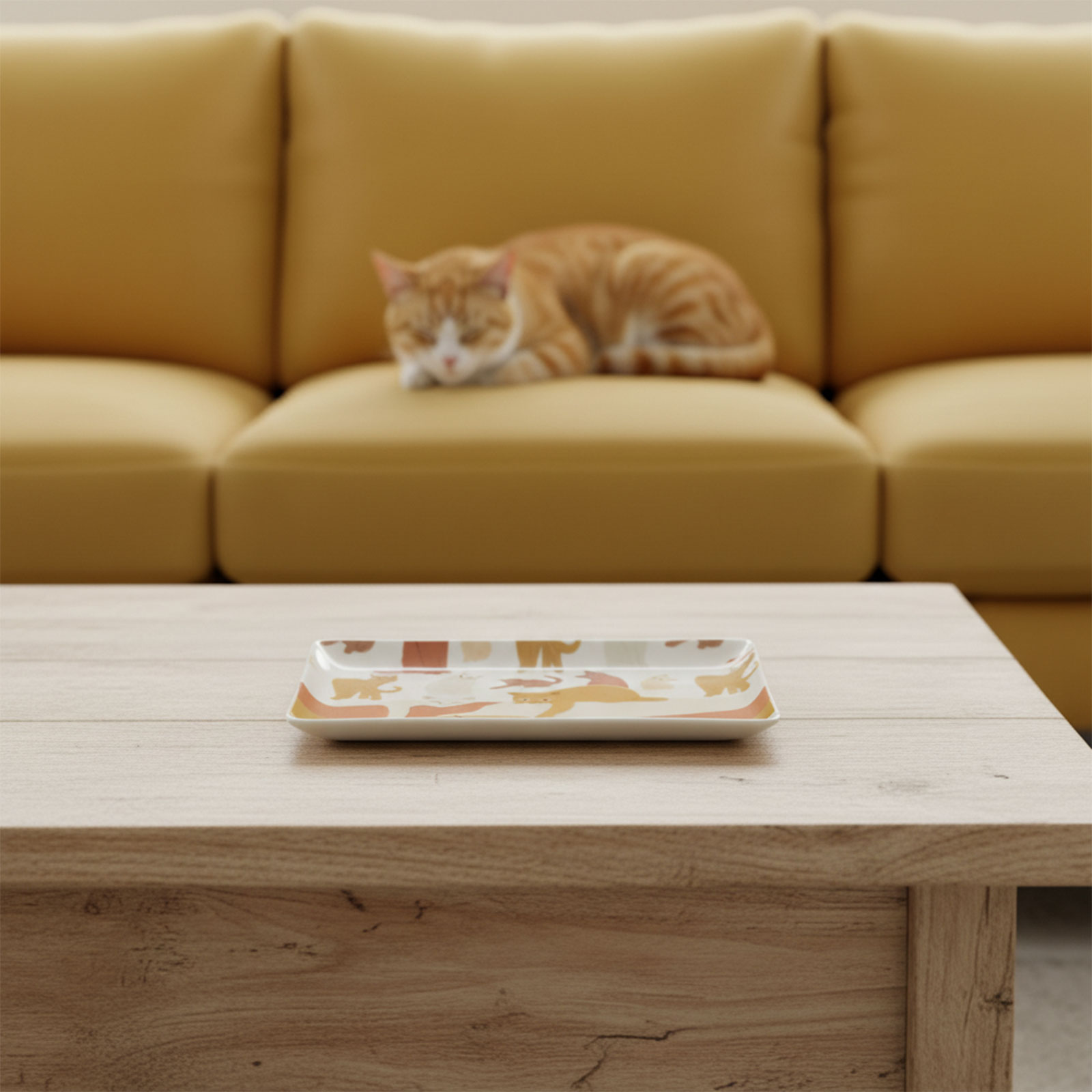 Coupelle rectangulaire Amadeus Gustave avec un motif de chats stylisés, posée sur une table en bois, avec un canapé jaune et un chat roux flou en arrière-plan.
