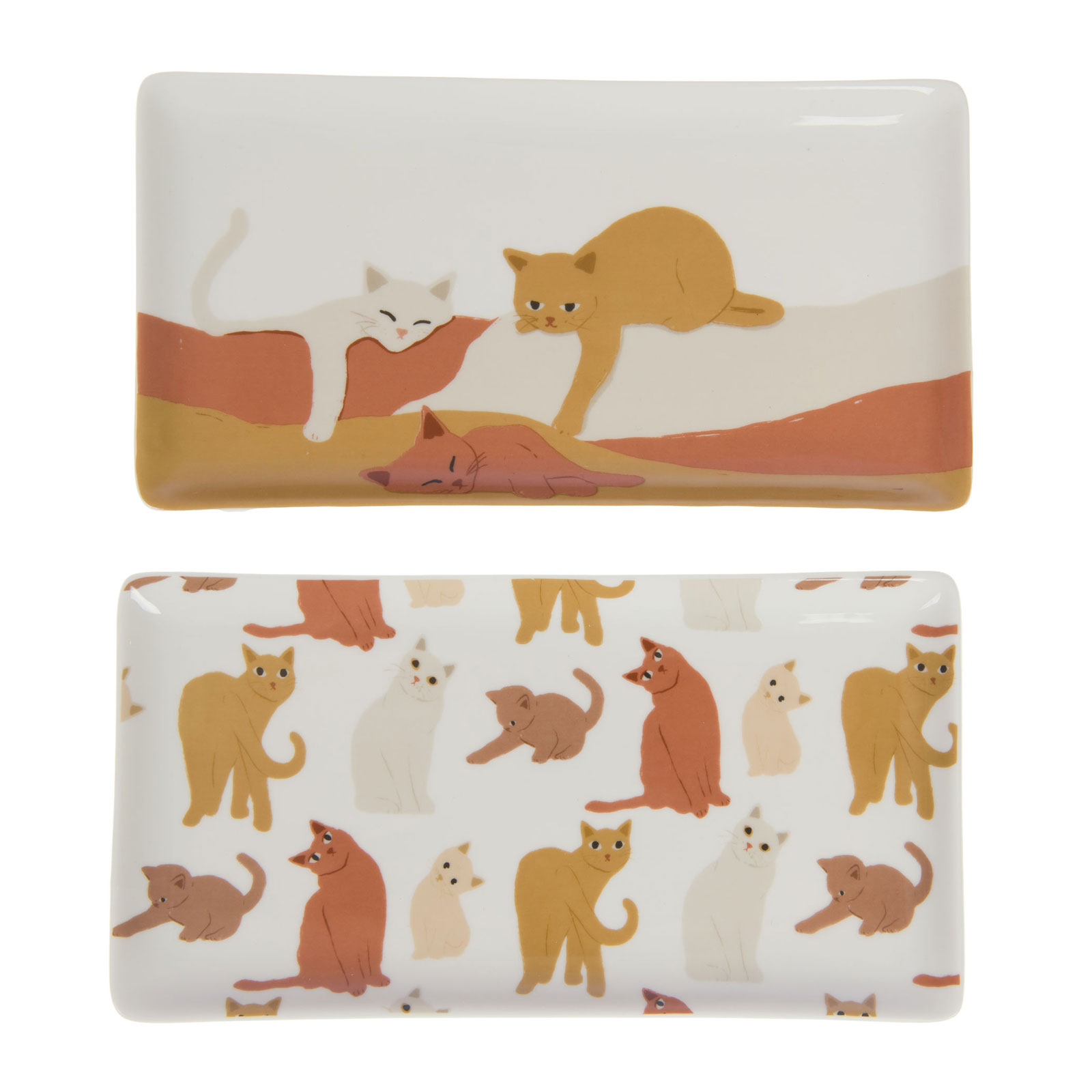 amadeus-coupelle-2-coloris-gustave Deux coupelles rectangulaires en céramique Amadeus Gustave avec illustrations de chats dans des tons chauds et terreux