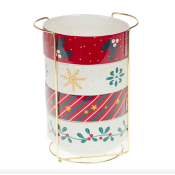 Coffret de 4 bols en porcelaine fine sur un support doré, motifs festifs de Noël comme flocons de neige, étoiles et houx
