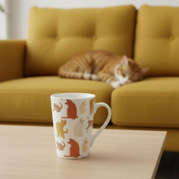 Maxi mug Gustave Amadeus blanc orné de motifs de chats aux couleurs douces, posé sur une table en bois devant un canapé jaune avec un chat roux endormi
