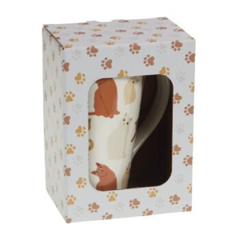 Coffret cadeau pour mug Amadeus avec des motifs de pattes de chat et un aperçu d'un mug décoré de chats de différentes couleurs