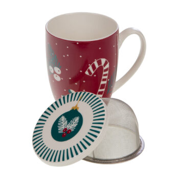 Tisanière rouge Amadeus avec motifs de Noël, filtre inox et couvercle orné d'une boule de Noël