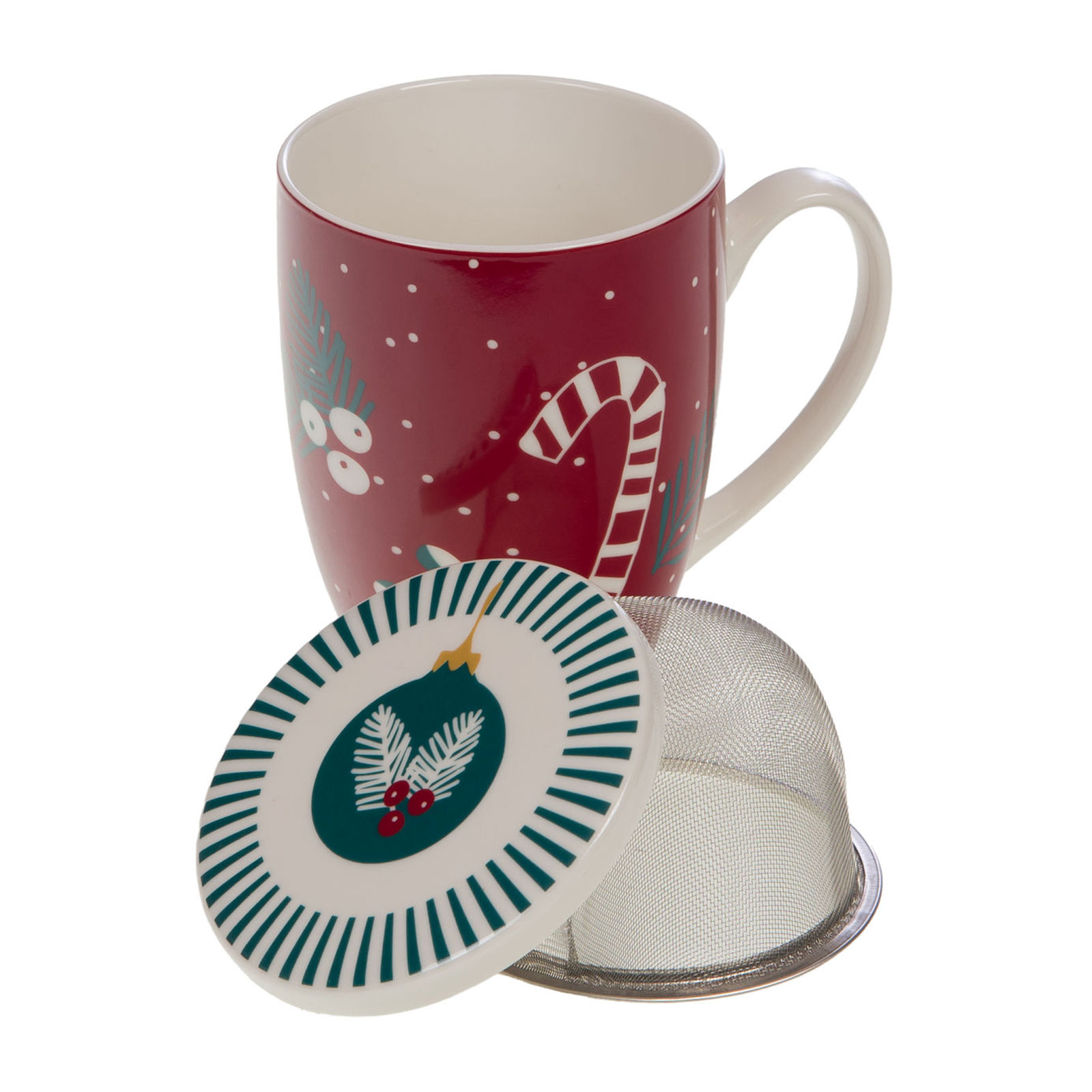 Tisanière rouge Amadeus avec motifs de Noël, filtre inox et couvercle orné d'une boule de Noël