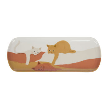 Plateau rectangulaire Amadeus Gustave avec illustration de trois chats aux couleurs ocre et terreuses