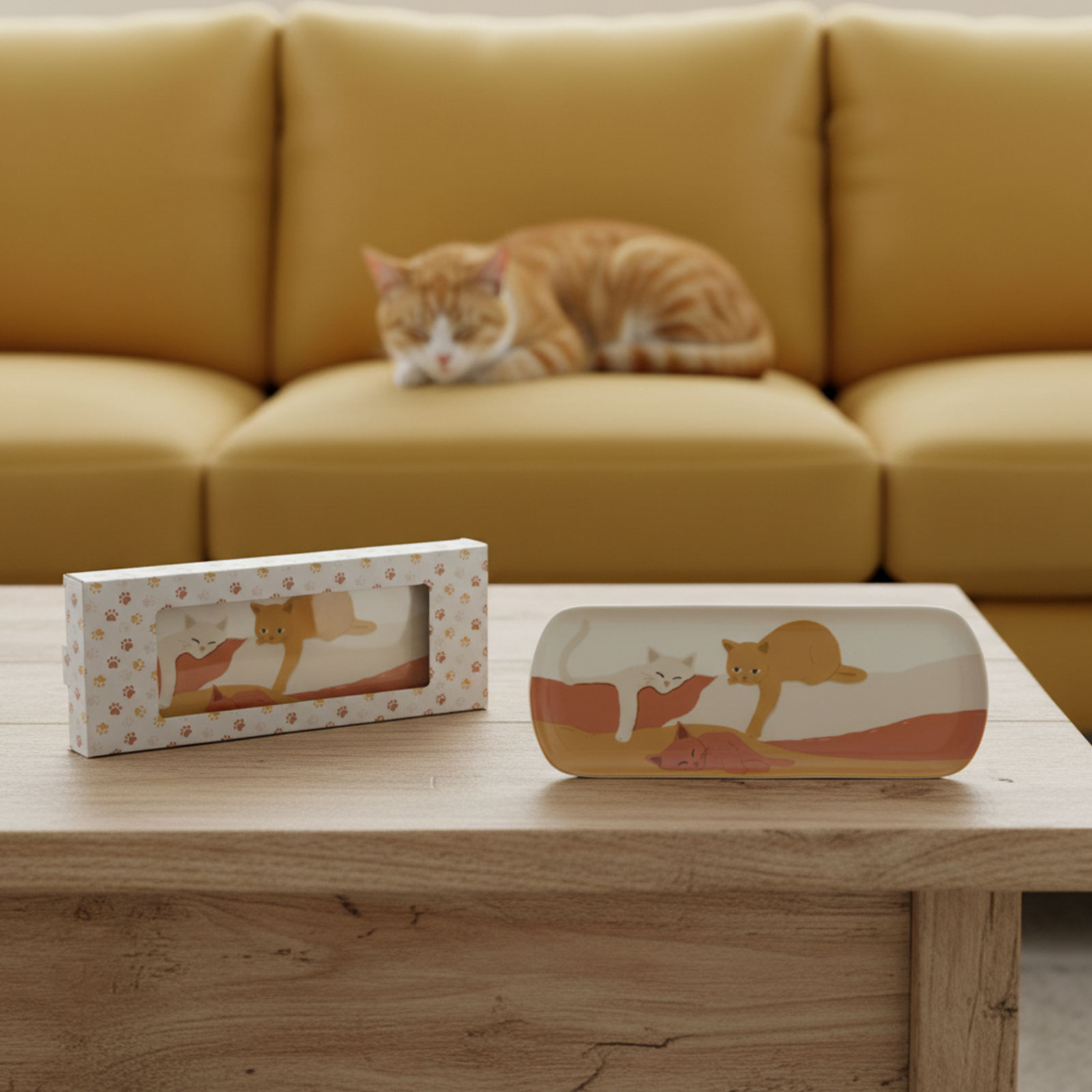Plateau rectangulaire Amadeus Gustave avec un motif de chats endormis, fond blanc avec des empreintes de pattes, sur une table en bois