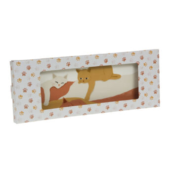 Plateau rectangulaire Amadeus Gustave à motif de chats couchés, décoré de petites empreintes de pattes sur les bords