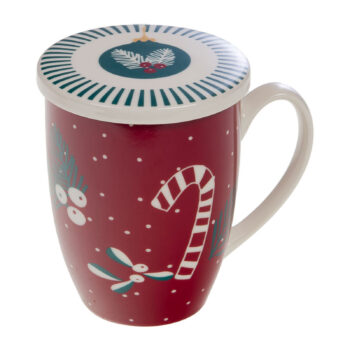 Tisanière Amadeus Renne rouge en porcelaine fine New Bone China, motifs festifs de Noël, couvercle blanc avec guirlande et boule de Noël