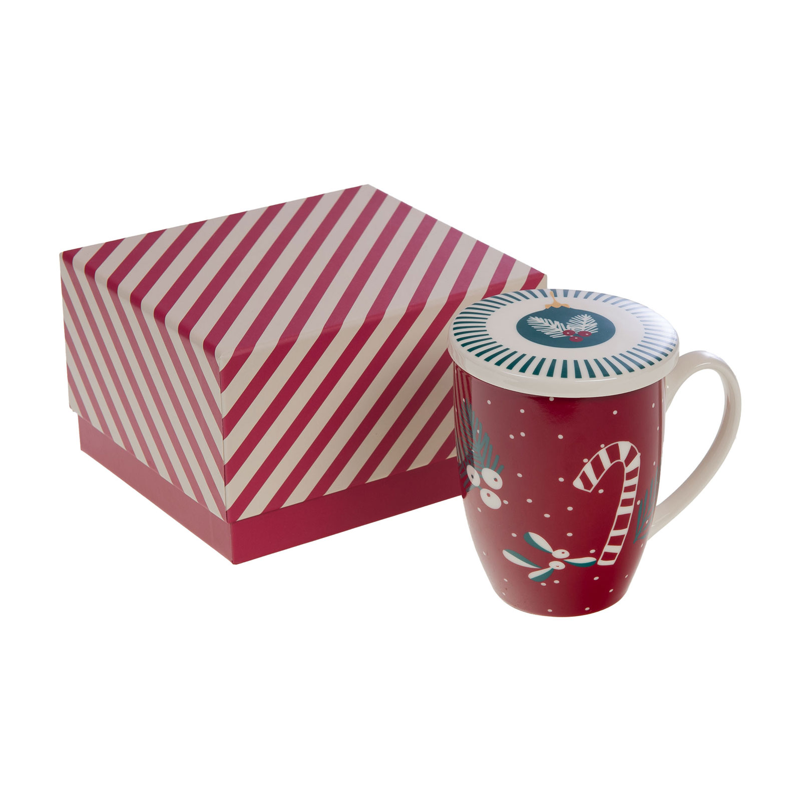 Tisanière rouge Amadeus avec motifs de Noël, canne en sucre et houx, accompagnée de sa boîte cadeau rayée