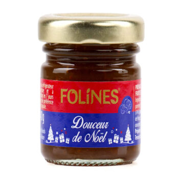 Pot de confiture Folines Douceur de Noël 110g, brun foncé, avec couvercle doré et étiquettes rouge et bleue festives
