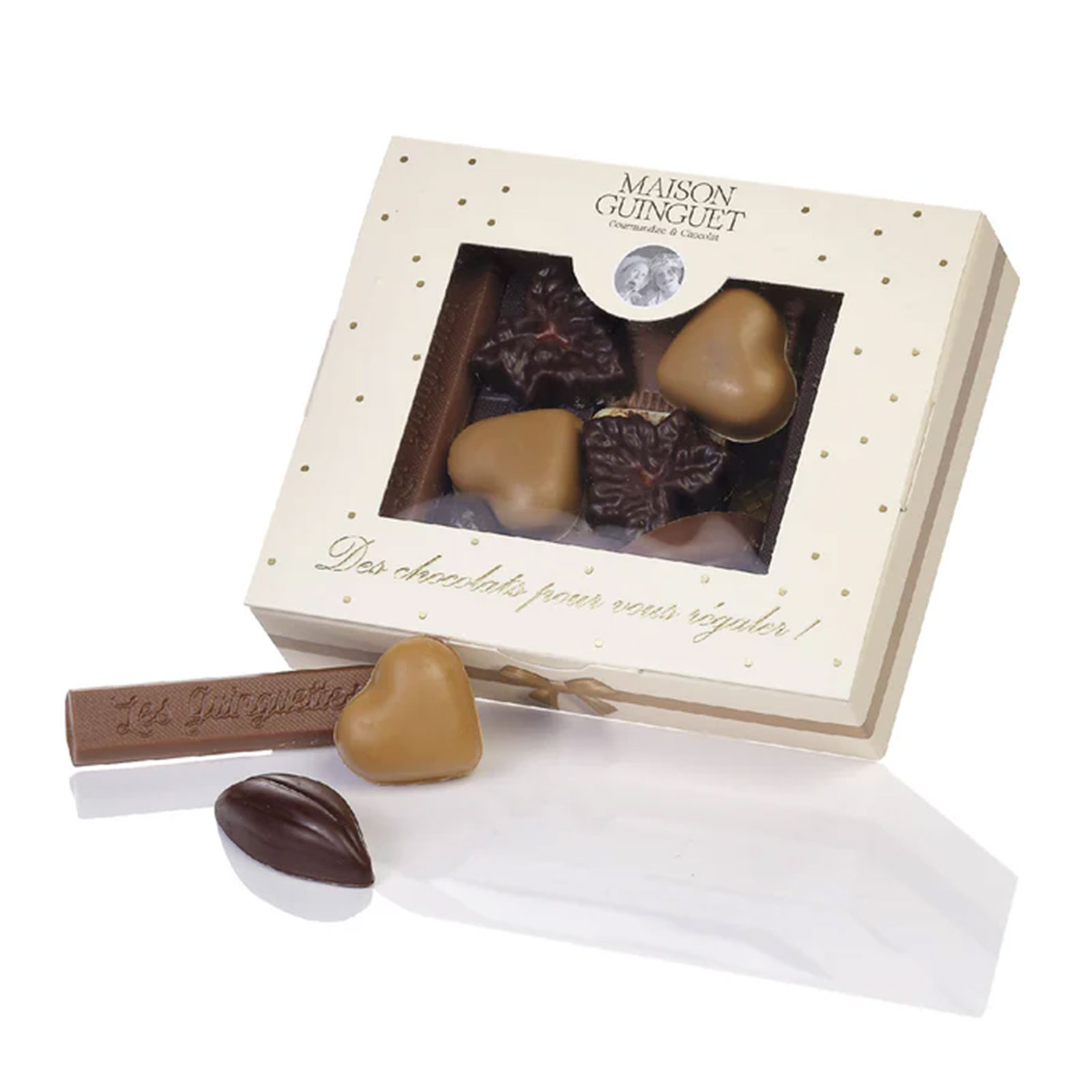 Boîte "Régalez-moi" Maison Guinguet 188g crème et dorée, avec fenêtre transparente sur chocolats fins et 3 chocolats individuels devant