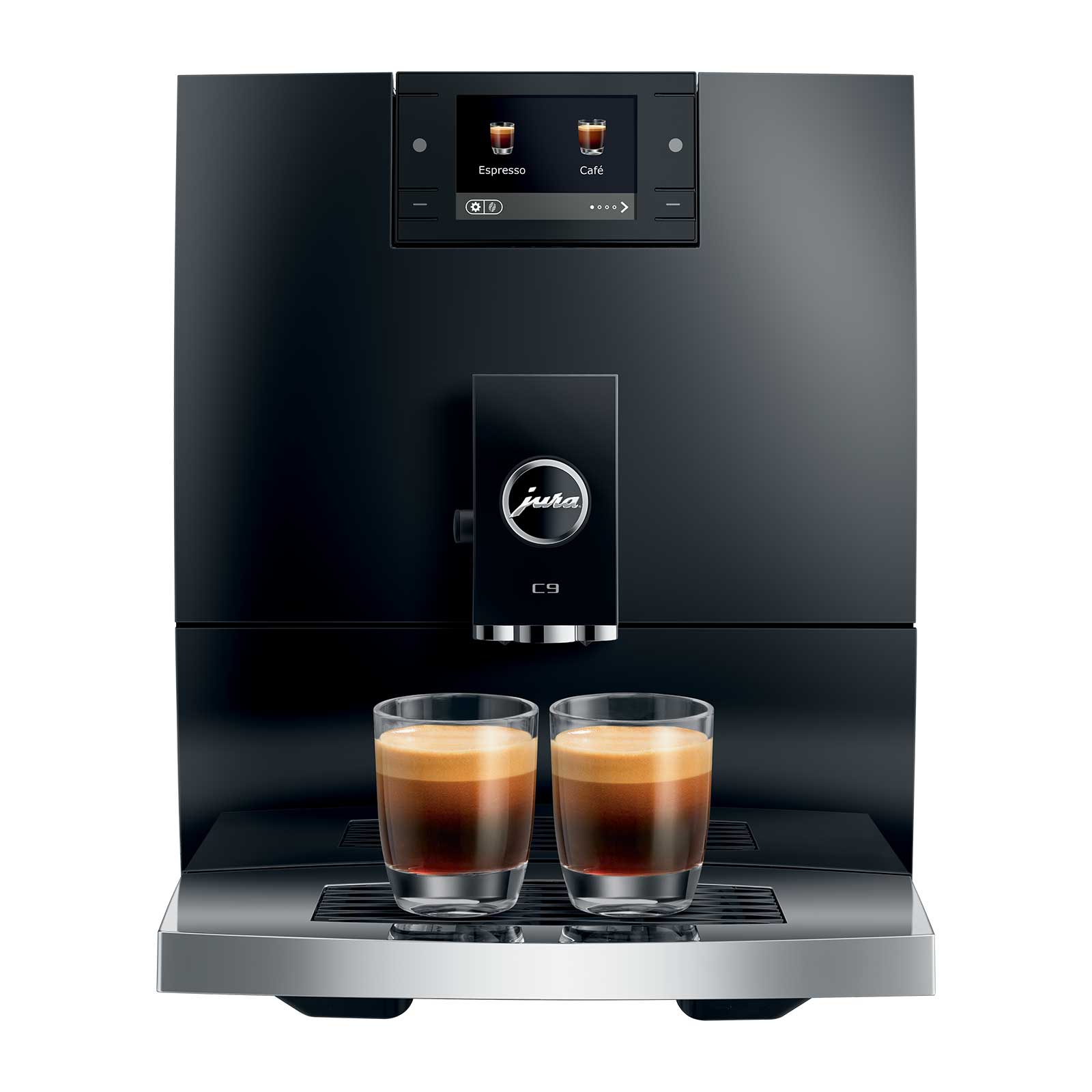 Machine à café automatique Jura C9 Piano Black avec deux expressos servis dans des verres, affichant le logo Jura