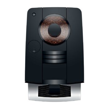 Machine à café automatique JURA C9 Piano Black avec réservoir de grains de café visible, bouton d'alimentation et écran couleur
