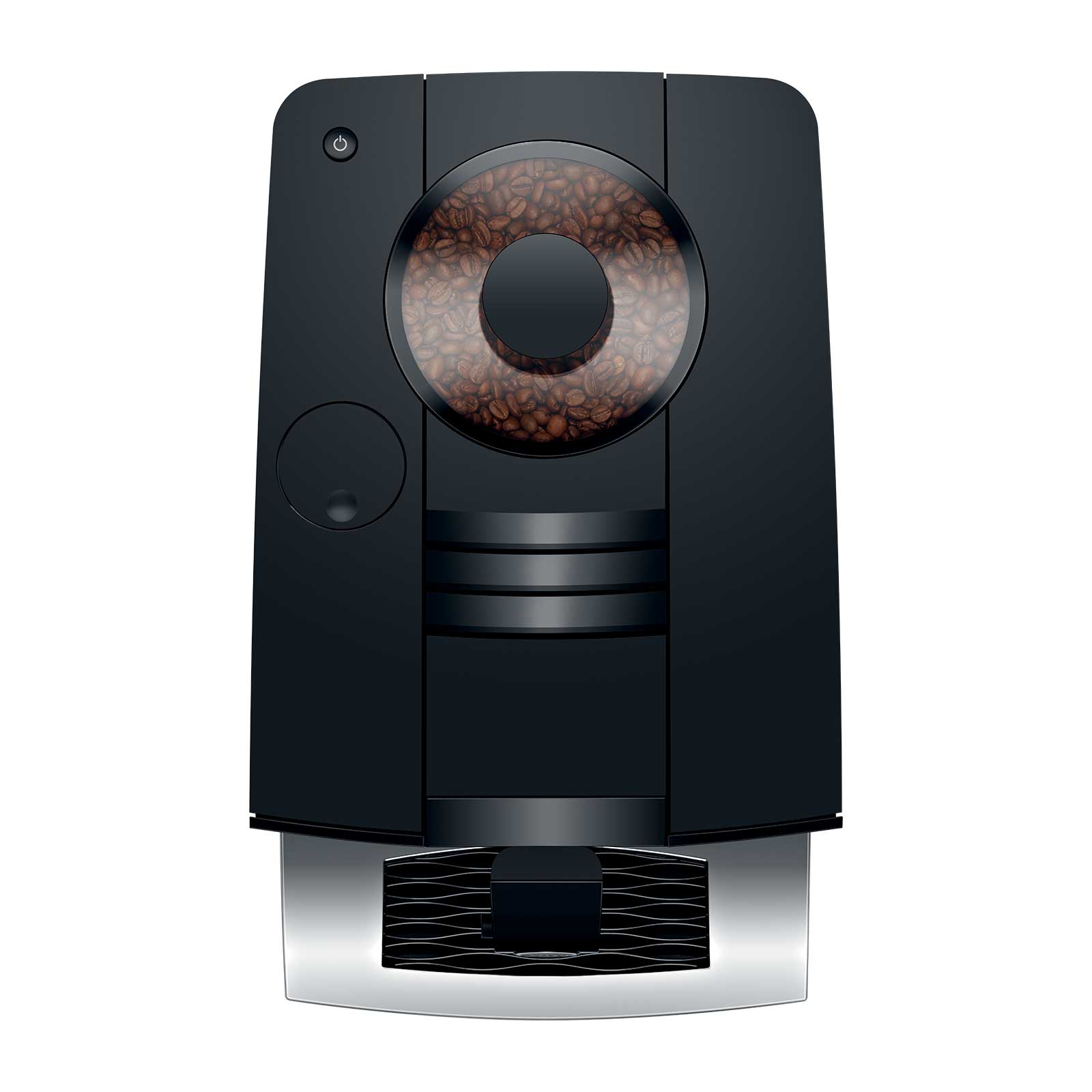 Machine à café automatique JURA C9 Piano Black avec réservoir de grains de café visible, bouton d'alimentation et écran couleur