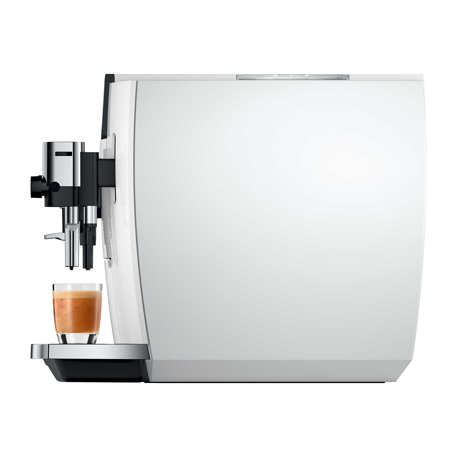 Machine à café automatique JURA E8 Piano White avec un espresso fraîchement préparé dans un verre