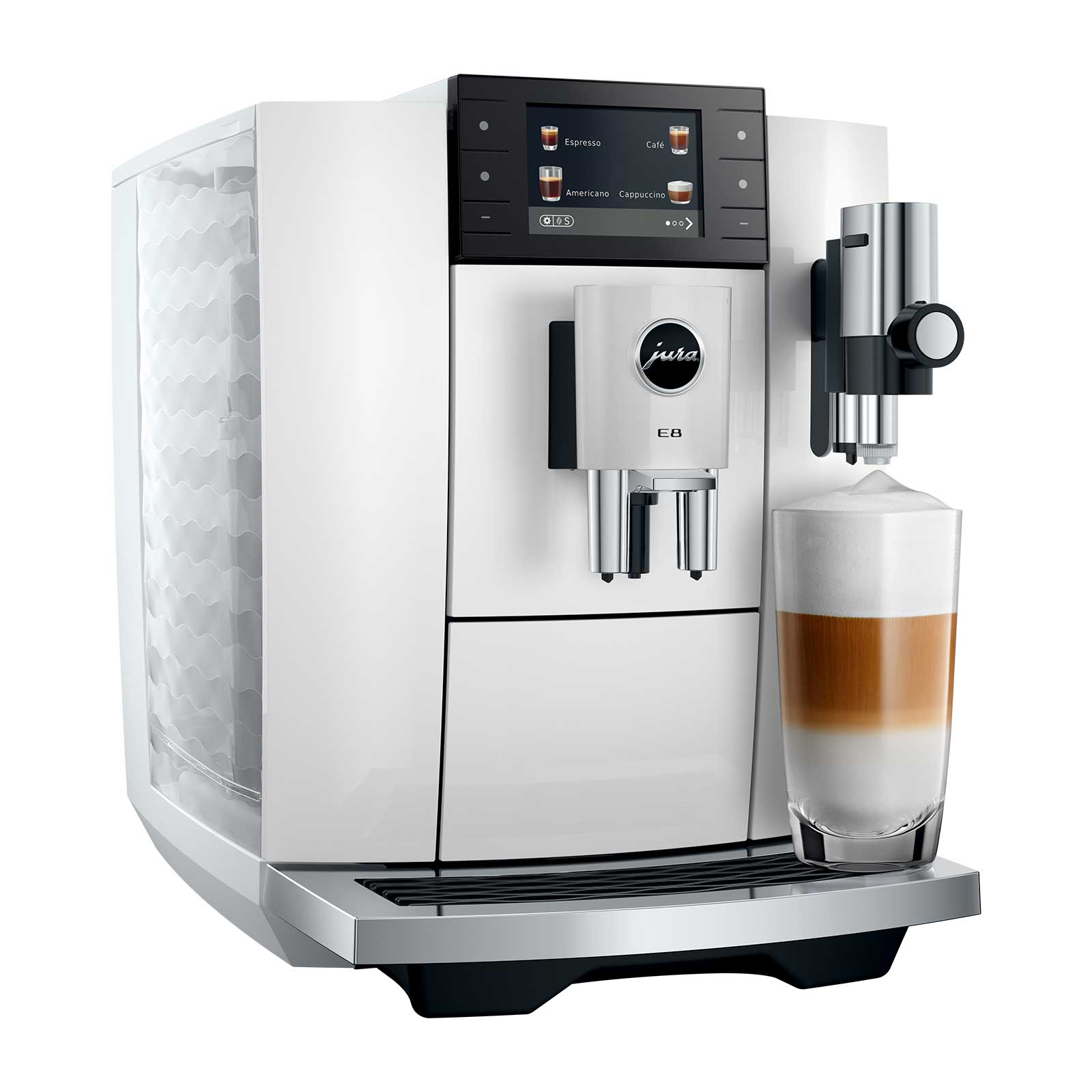 Machine à café automatique Jura E8 Piano White préparant un latte macchiato avec une mousse de lait crémeuse, affichant 27 spécialités de café sur son écran tactile.