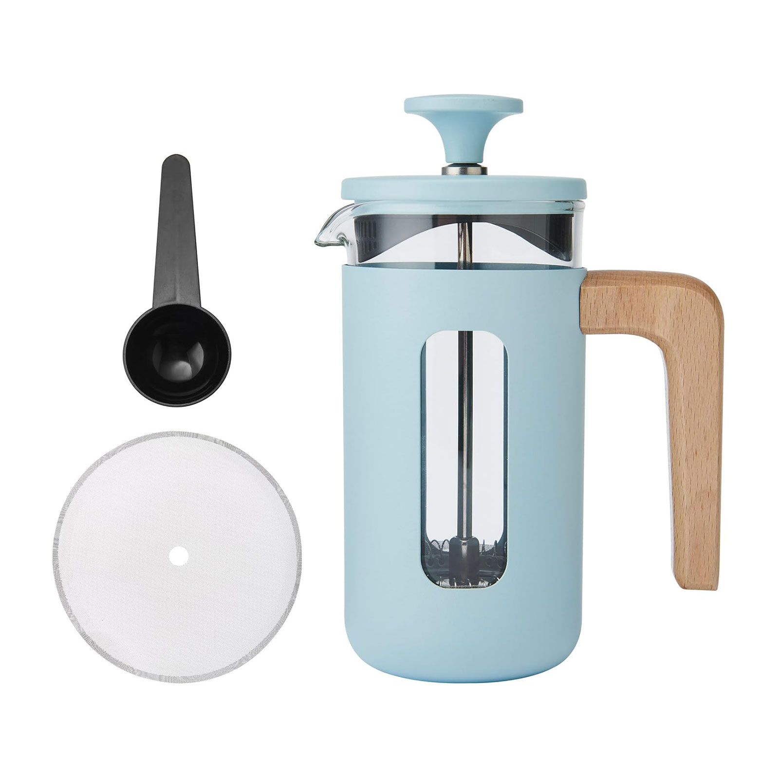 Cafetière Pisa à piston rose avec poignée en bois et cuillère doseuse, contenance 350ml