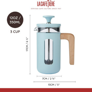 Cafetière à piston La Cafetière Pisa bleu ciel de 350ml avec poignée en bois et indicateurs de dimensions
