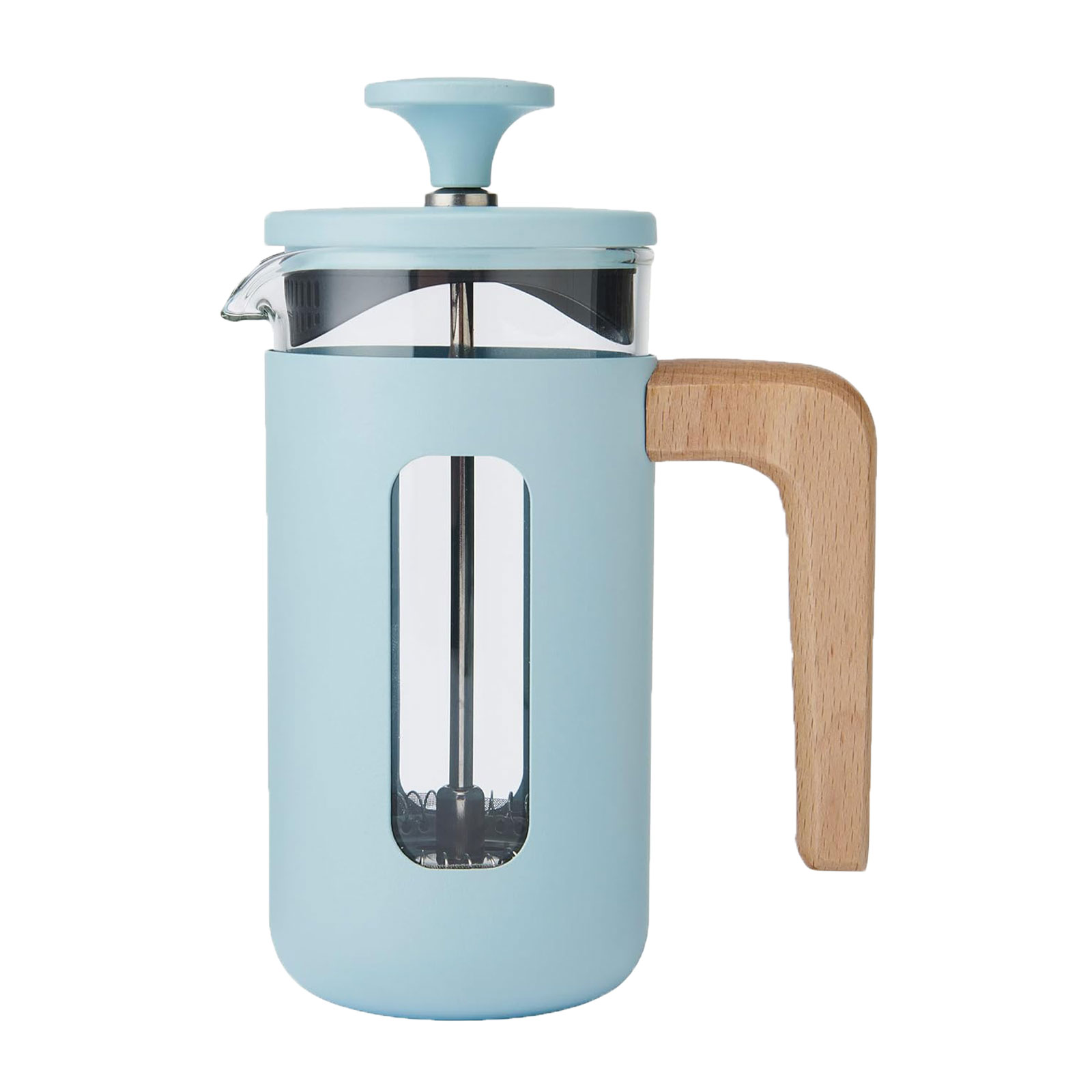Cafetière à piston Pisa bleu ciel 350ml en verre borosilicate avec anse en bois naturel et piston en acier inoxydable