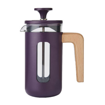Cafetière à piston Pisa violette avec poignée en bois de hêtre, verre borosilicaté et filtre à mailles fines