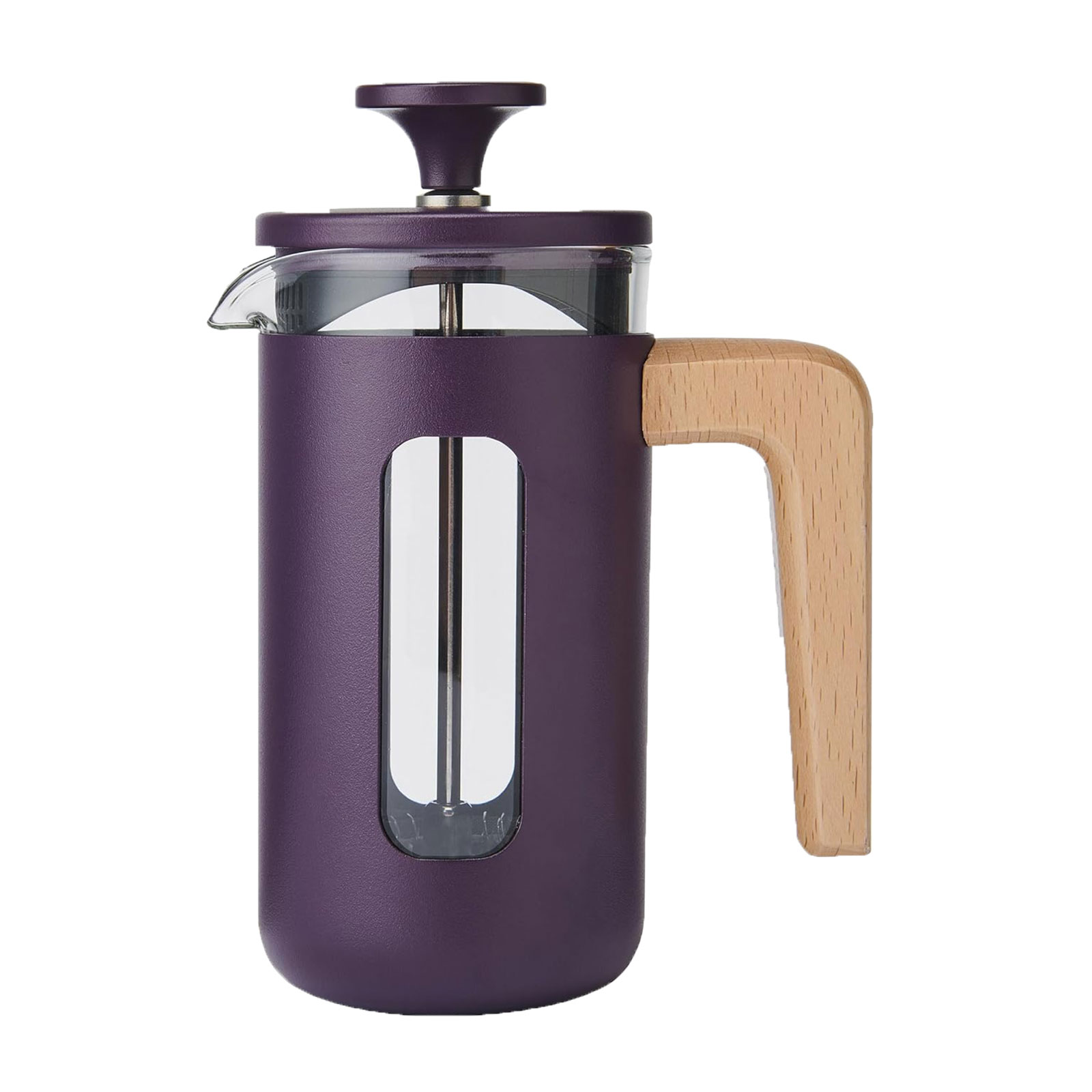 Cafetière à piston Pisa violette avec poignée en bois de hêtre, verre borosilicaté et filtre à mailles fines