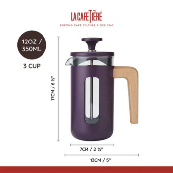 Cafetière à piston La Cafetière Pisa violette de 350ml avec poignée en bois, affichant les dimensions et la capacité