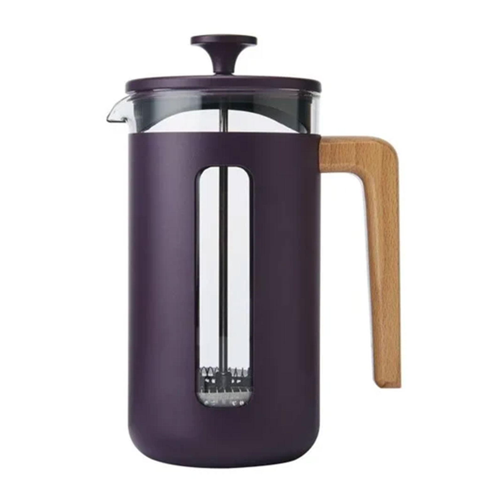 Cafetière à piston Pisa violet 1L en verre borosilicate avec anse en bois clair et piston en acier inoxydable
