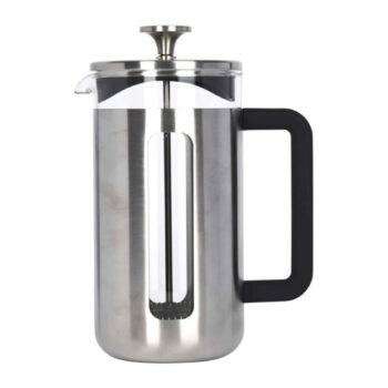 Cafetière à piston Pisa 1L en inox brossé et verre borosilicate, avec poignée noire et filtre inox visible